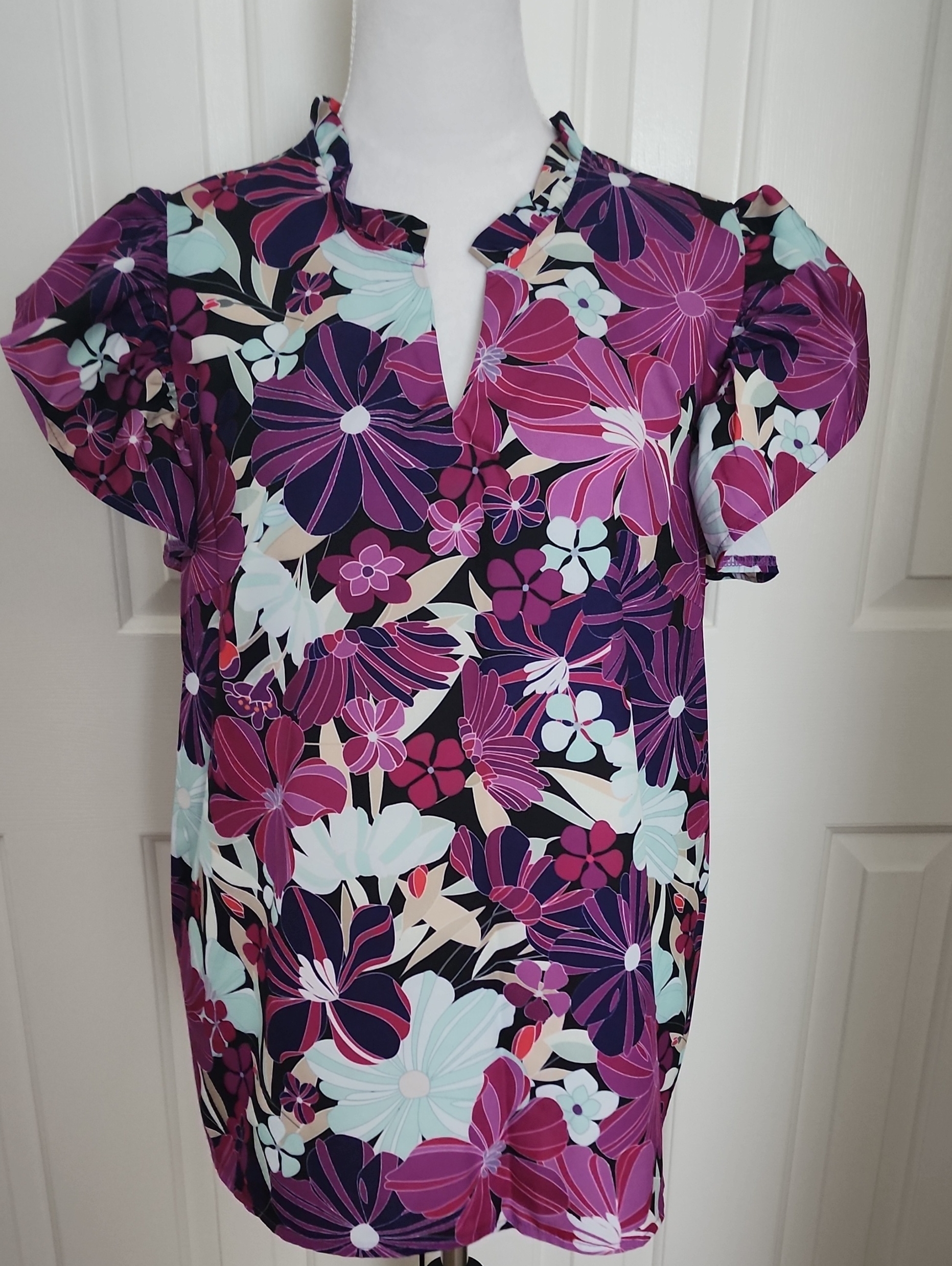 Shein Purple Pink Floral Short Sleeve Blouse